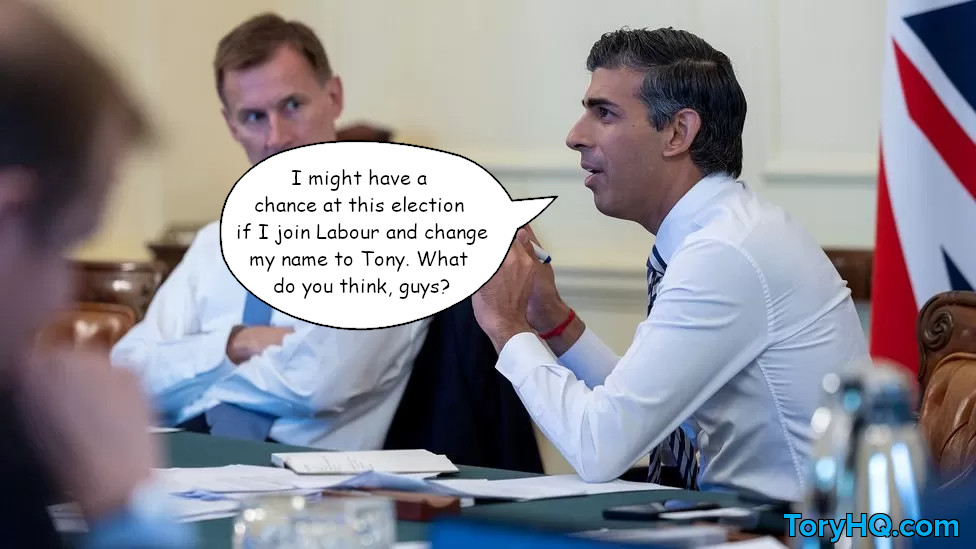 Cartoon - Cabinet meeting with Rishi Sunak joking that he might win the next general election if he changes his name to Tony