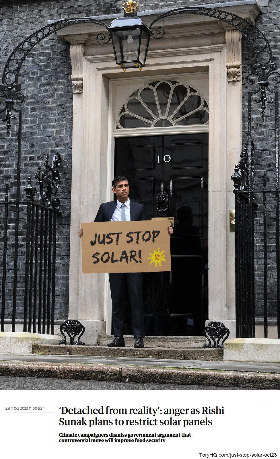 Cartoon - PM Rishi Sunak stands outside 10 Downing Street protesting and holding a sign that says 'Just Stop Solar'