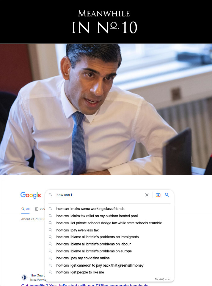 Cartoon - Rishi Sunak using a laptop in Number 10. The search suggestions include how he can find ways to make friends